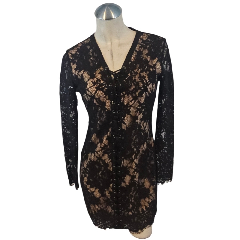 Guess Lace Up Front Mini Dress Plunging Neckline Black Size 2 Long Sleeves